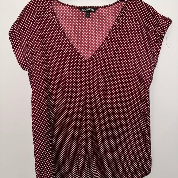 EUC Burgundy/White polka dot V-neck blouse with cuffed cap sleeves, size Small - Picture 1 of 3